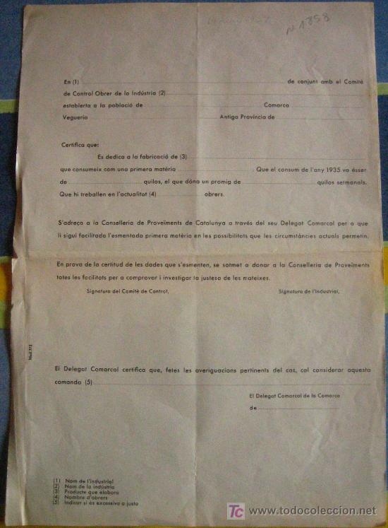 Documentos antiguos: Documento en blanco, Comit&egrave; de Control Obrer dInd&uacute;stria - Foto 1