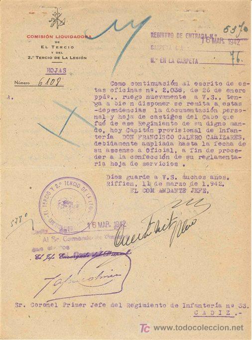 Documentos antiguos: Escrito Militar. Comisi&oacute;n Liquidadora de El Tercio y del 2&ordm; Tercio de la Legi&oacute;n. 1942
