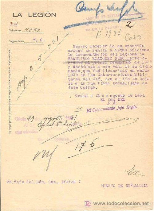 Documentos antiguos: Escrito Militar. La Legi&oacute;n. 1931
