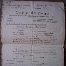 Documentos antiguos: CARTA DE PAGO, DEPOSITORIA DE FONDOS DEL PRESUPUESTO DEL AYUNTAMIENTO DE VALENCIA, 1945