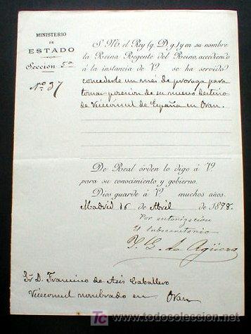Documentos antiguos: DOCUMENTO MINISTERIO DE ESTADO. A&Ntilde;O DE 1898.. ENVIO GRATIS&iexcl;&iexcl;&iexcl; - Foto 1