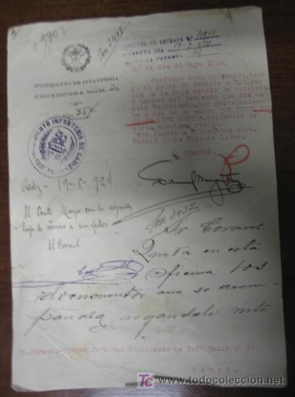 Documentos antiguos: Dcumento tama&ntilde;o cuartilla, Regimiento de Infanter&iacute;a Covadonga n&ordm; 40, 1924