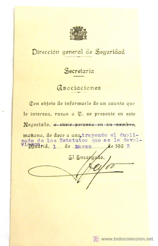 Documentos antiguos: Notificaci&oacute;n Direccion General de Seguridad 1933 - Foto 1