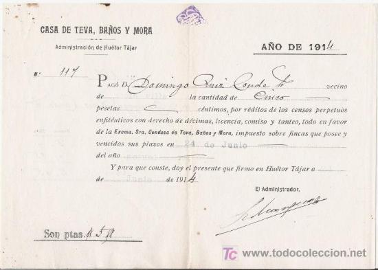 Old Documents: CASA DE TEVA, BA&Ntilde;OS Y MORA. PAGO DE CENSOS A LA CONDESA. 1914.