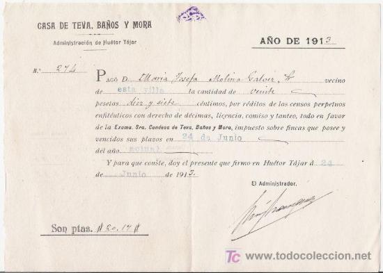 Old Documents: CASA DE TEVA, BA&Ntilde;OS Y MORA. PAGO DE CENSOS A LA CONDESA. 1913.