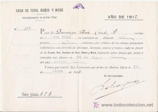 Old Documents: CASA DE TEVA, BA&Ntilde;OS Y MORA. PAGO DE CENSOS A LA CONDESA. 1912.