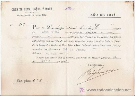 Documentos antiguos: CASA DE TEVA, BA&Ntilde;OS Y MORA. PAGO DE CENSOS A LA CONDESA. 1911.