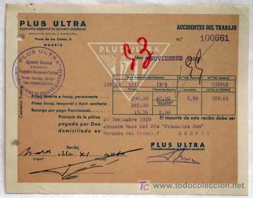 Documentos antiguos: Recibo de una p&oacute;liza de Plus Ultra - Foto 1