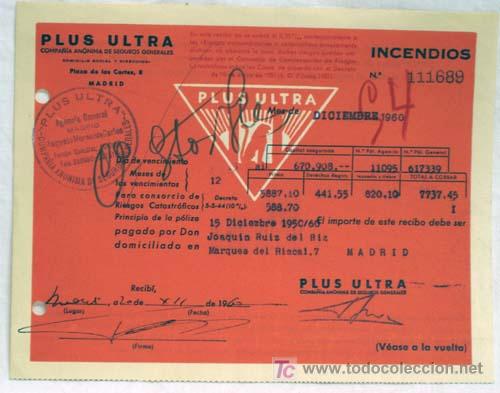 Documentos antiguos: Recibo de 1960 de una p&oacute;liza de Plus Ultra - Foto 1