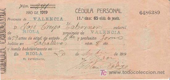 Documentos antiguos: C&eacute;dula personal &ndash; 1919 - Riola ( Valencia) - Foto 1