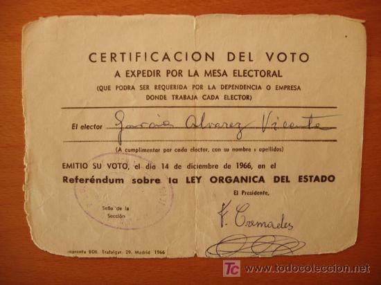 Documentos antiguos: CERTIFICACION DE VOTO REFERENDUM LEY ORGANICA DEL ESTADO 1966