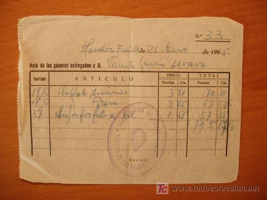 Documentos antiguos: NOTA DE ENTREGA COOPERATIVA DE RIEGOS HONDON DE LOS FRAILES ALICANTE 1965