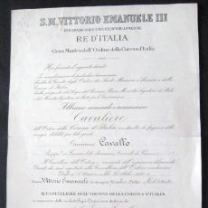 Documentos antiguos: TITULO DE CABALLERO (CAVALIERE ) VITTORIO EMANUELE III Y MUSSOLINI AÑO DE 1931. ENVIO GRATIS¡¡¡