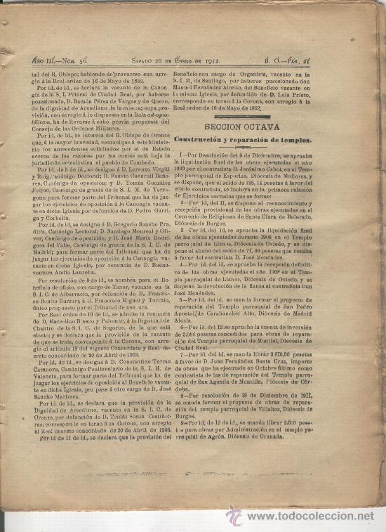 Documentos antiguos: BOLETIN OFICIAL. A&Ntilde;O 1912. CONTRUCCION DE TEMPLOS. ESPORLAS.LLANES.MONTIEL.VILLAHOZ.AGRON.LUARCA.TAL