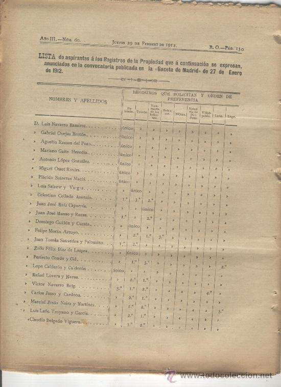 Documentos antiguos: BOLETIN OFICIAL. A&Ntilde;O 1912. REGISTRO DE LA PROPIEDAD.PALENCIA.TOLEDO.BETANZOS.NAJERA.VILLALPANDO.LEON