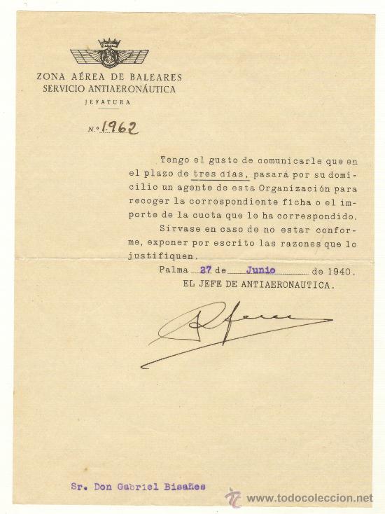 Documents Anciens: DOCUMENTO ZONA AEREA DE BALEARES SERVICIO ANTIAERON&Aacute;UTICA 1940