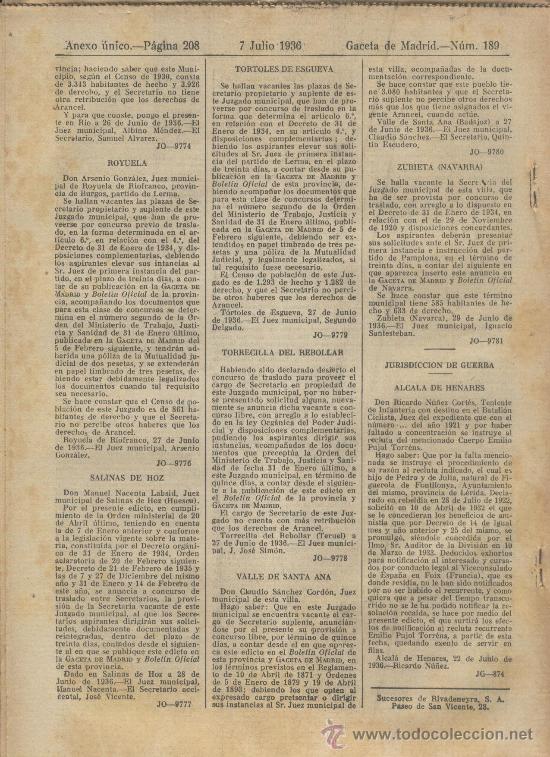 Documentos antiguos: GACETA .PRE GUERRA CIVIL.1936.ZUBIETA.SALINAS DE HOZ.ROYUELA.OTEO.NUCIA.NEBREDA.NUEROS.ARES.ZAEL.SUA