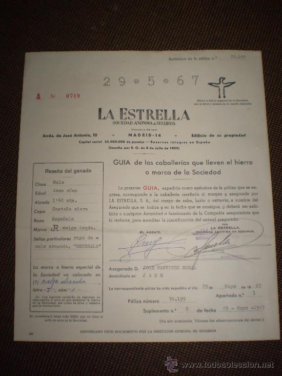 Documentos antiguos: SEGUROS LA ESTRELLA. GUIA DE CABALLERIAS. 1967.