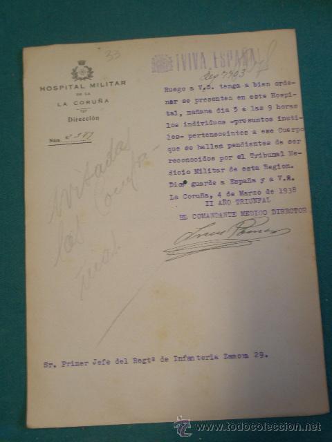 Old Documents: Documento tama&ntilde;o cuartilla Hospital militar La Coru&ntilde;a, 1938, con membrete republicano