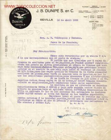 Documentos antiguos: CARTA COMERCIAL DE J. B. DUNIPE S. EN C. .SEVILLA - Foto 1