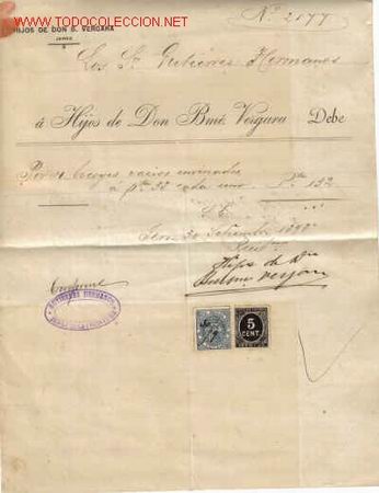 Documentos antiguos: RECIBI DE HIJOS DE DON BME. VERGARA.JEREZ - Foto 1