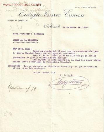 Documentos antiguos: CARTA COMERCIAL DE EULOGIO TORRES CONESA.ALICANTE - Foto 1