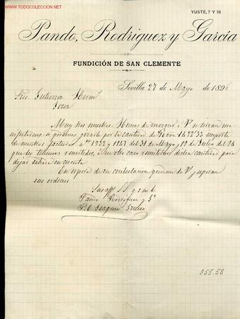 Documentos antiguos: CARTA COMERCIAL DE LA FUNDICION DE SAN CLEMENTE DE PANDO RODRIGUEZ Y GARCIA,  SEVILLA A&Ntilde;O 1896
