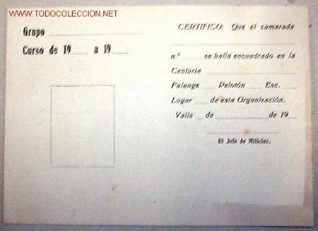 Documentos antiguos: Ficha-carnet sin rellenar de Falange, Valls. - Foto 1