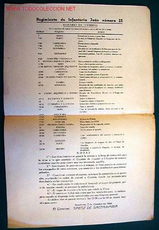 Documentos antiguos: Documento tama&ntilde;o folio del Regimineto de Infanter&iacute;a Jaen n&ordm;25. Horario de invierno, a&ntilde;o 1944.