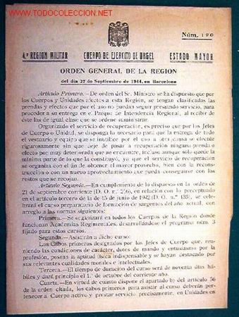 Old Documents: Documento tama&ntilde;o cuartila, de 3 hojas. 4&ordf; Regi&oacute;n Militar, Cuerpo de Ej&eacute;rcito de Urgel, Estado Mayor