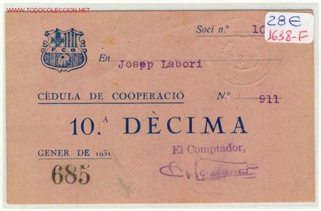 Documents Anciens: (1638-F) F.C.BARCELONA CEDULA DE COOPERACION ENERO 1931