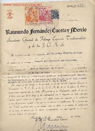 Certificado militancia a la falange, asturias 1 - Comprar 
