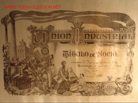 Documentos antiguos: UNI&Oacute;N INDUSTRIAL T&Iacute;TULO DE SOCIO. BARCELONA 1920 - Foto 2
