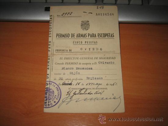 Documentos antiguos: PERMISO DE ARMAS PARA ESCOPETAS    1960 - Foto 1