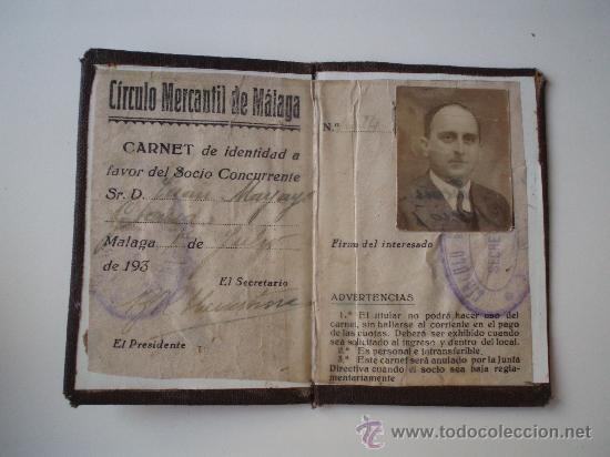 Documentos antiguos: ANTIGUO CARNET DE IDENTIDAD DEL C&Iacute;RCULO MERCANTIL DE M&Aacute;LAGA - Foto 2