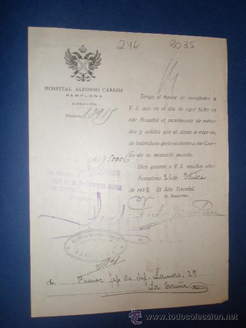 Documentos antigos: Documento tama&ntilde;o cuartilla del Hospital Militar Alfonso Carlos de Pamplona, 26 de octubre de 1938