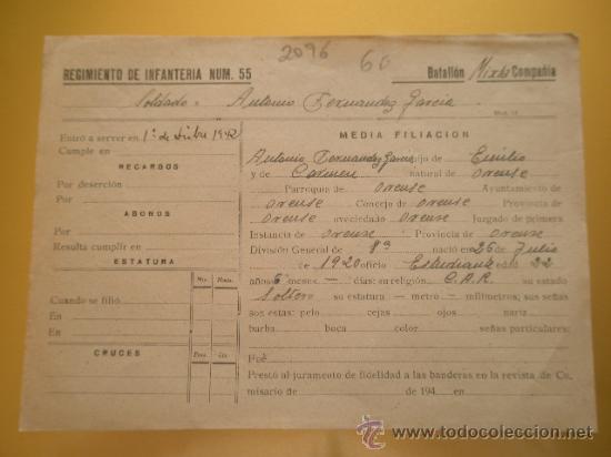 Documentos antiguos: Documento tama&ntilde;o cuartilla del regimiento de infanter&iacute;a n&ordm;55