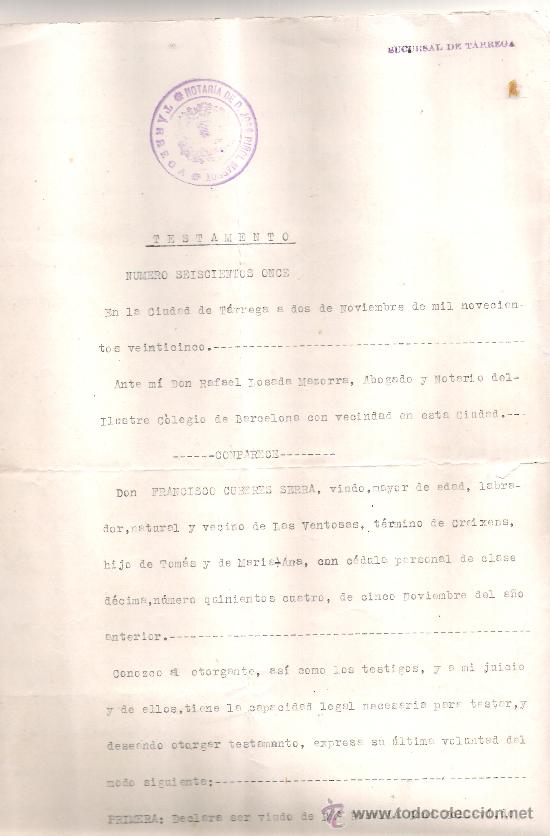 Documentos antiguos: TESTAMENTO. TARREGA. 1925. * - Foto 1