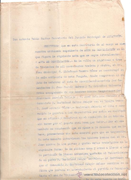 Documentos antiguos: CERTIFICADO DE ACTO DE CONCILIACION. ALGATOCIN. 1935. - Foto 1