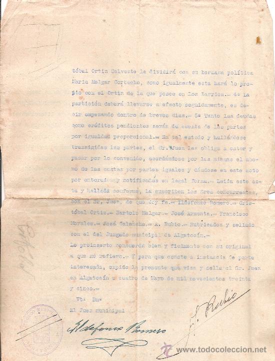 Documentos antiguos: CERTIFICADO DE ACTO DE CONCILIACION. ALGATOCIN. 1935. - Foto 2