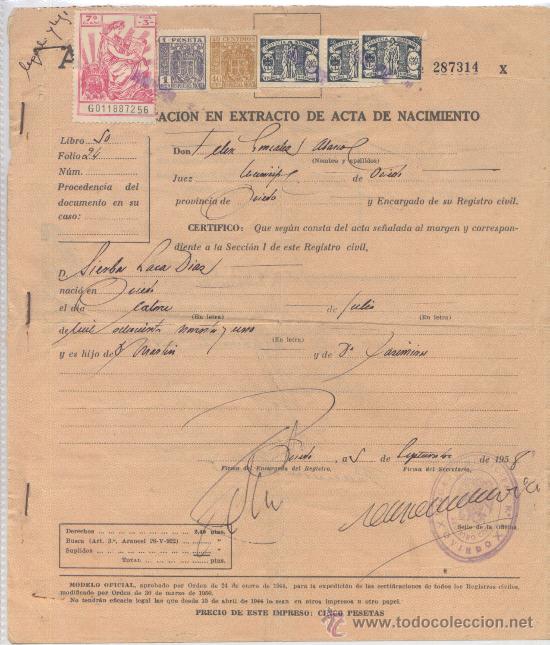 Documentos antiguos: ASTURIAS DOCUMENTO OFICIAL DEL REGISTRO CIVIL DE OVIEDO. 1958, POLIZAS, TIMBRES MOVILES, BENEFICOS