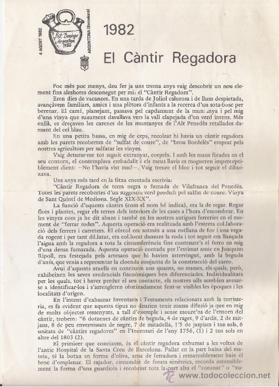 Documentos antiguos: SNT. DOMINGO  ARGENTONA   .1982    *EL CANTIR REGADORA - Foto 1