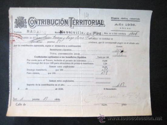 Documentos antiguos: RECIBO CONTRIBUCION A&Ntilde;O DE 1936. REPUBLICA..-BADAJOZ.. ENVIO GRATIS&iexcl;&iexcl;&iexcl;