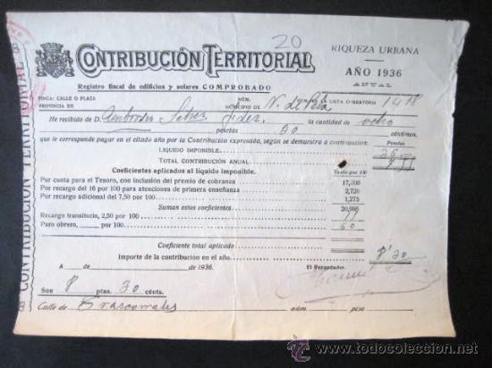 Documentos antiguos: RECIBO CONTRIBUCION TERRITORIAL. A&Ntilde;O DE 1936. REPUBLICA. BADAJOZ. ENVIO GRATIS&iexcl;&iexcl;&iexcl;