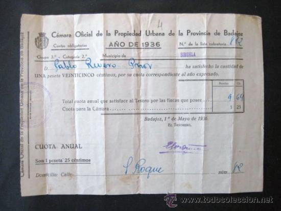 Documentos antiguos: RECIBO CAMARA PROPIEDAD. BADAJOZ. A&Ntilde;O DE 1936 . ENVIO GRATIS&iexcl;&iexcl;