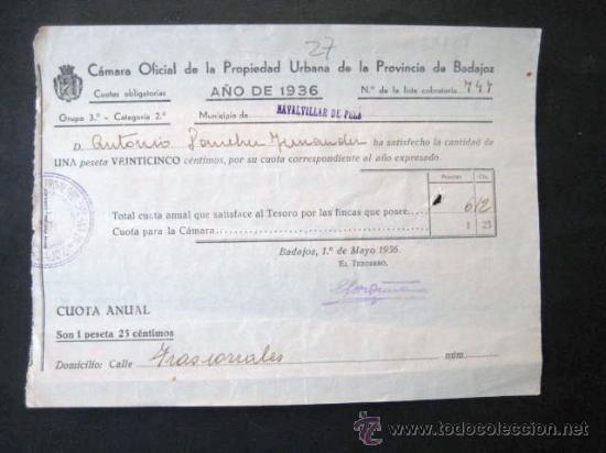 Documentos antiguos: RECIBO CAMARA PROPIEDAD. BADAJOZ. A&Ntilde;O DE 1936 . ENVIO GRATIS&iexcl;&iexcl;