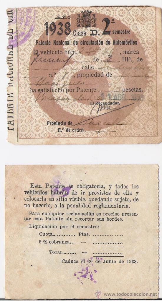 Documentos antiguos: PATENTE NACIONAL DE CIRCULACION DE AUTOMOVILES  **VILASAR DE DALT** A&Ntilde;O 1938