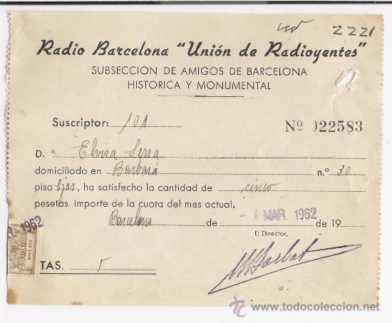 Documentos antiguos: RECIBO DE SUSCRIPTOR DE RADIO BARCELONA