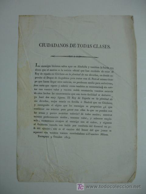 Documentos antiguos: BANDO. 1823. TARRAGONA. FRANCISCO MILANS. - Foto 1