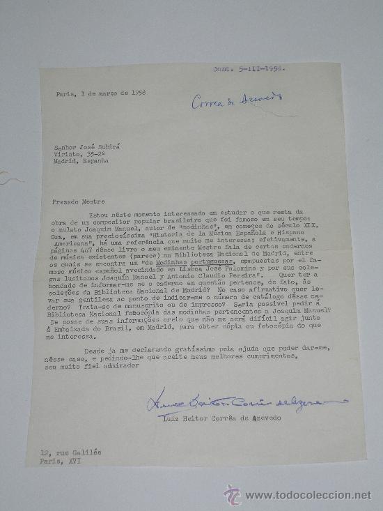 Documentos antiguos: CARTA MECANOGRAFIADA CON FIRMA DE LUIZ HEITOR CORREA DE AZEVEDO A JOS&Eacute; SUBIR&Aacute; PARIS 1958 MUSICA
